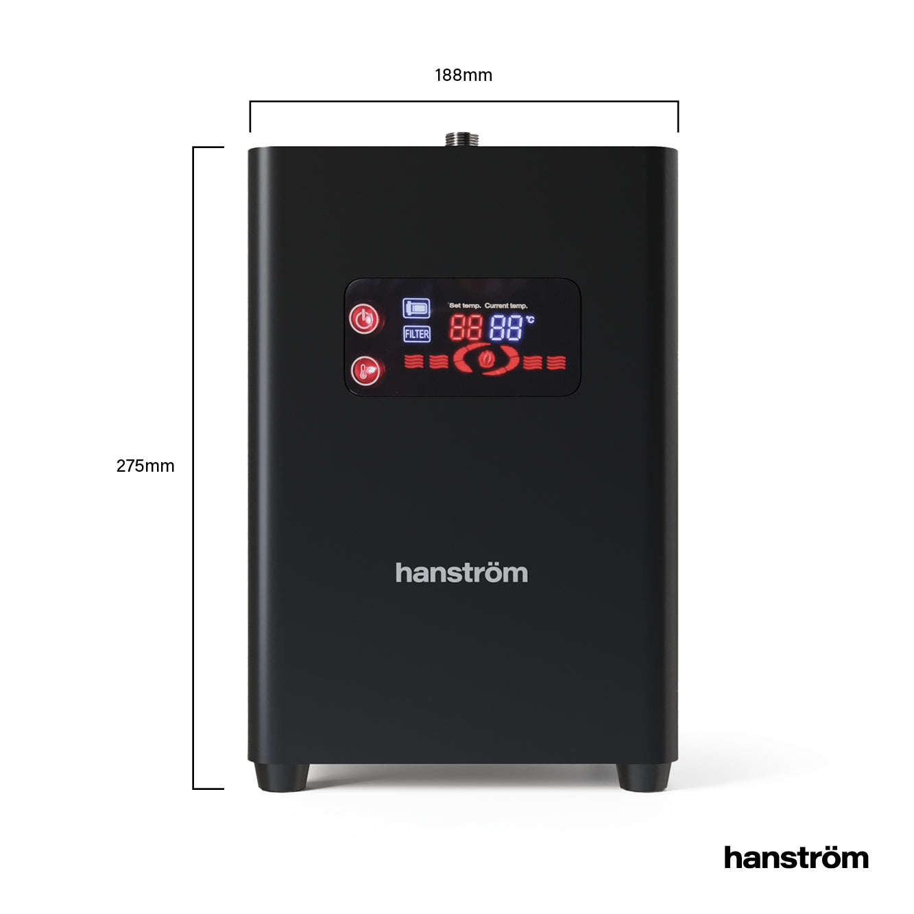 Image of a black digital boiling water tap tank with dimension measurement