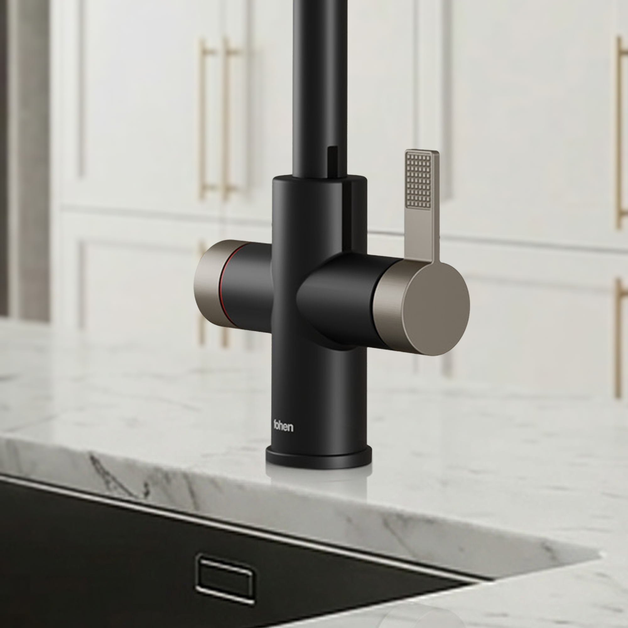 Image of Modern kitchen faucet with black and silver design on a marble countertop.