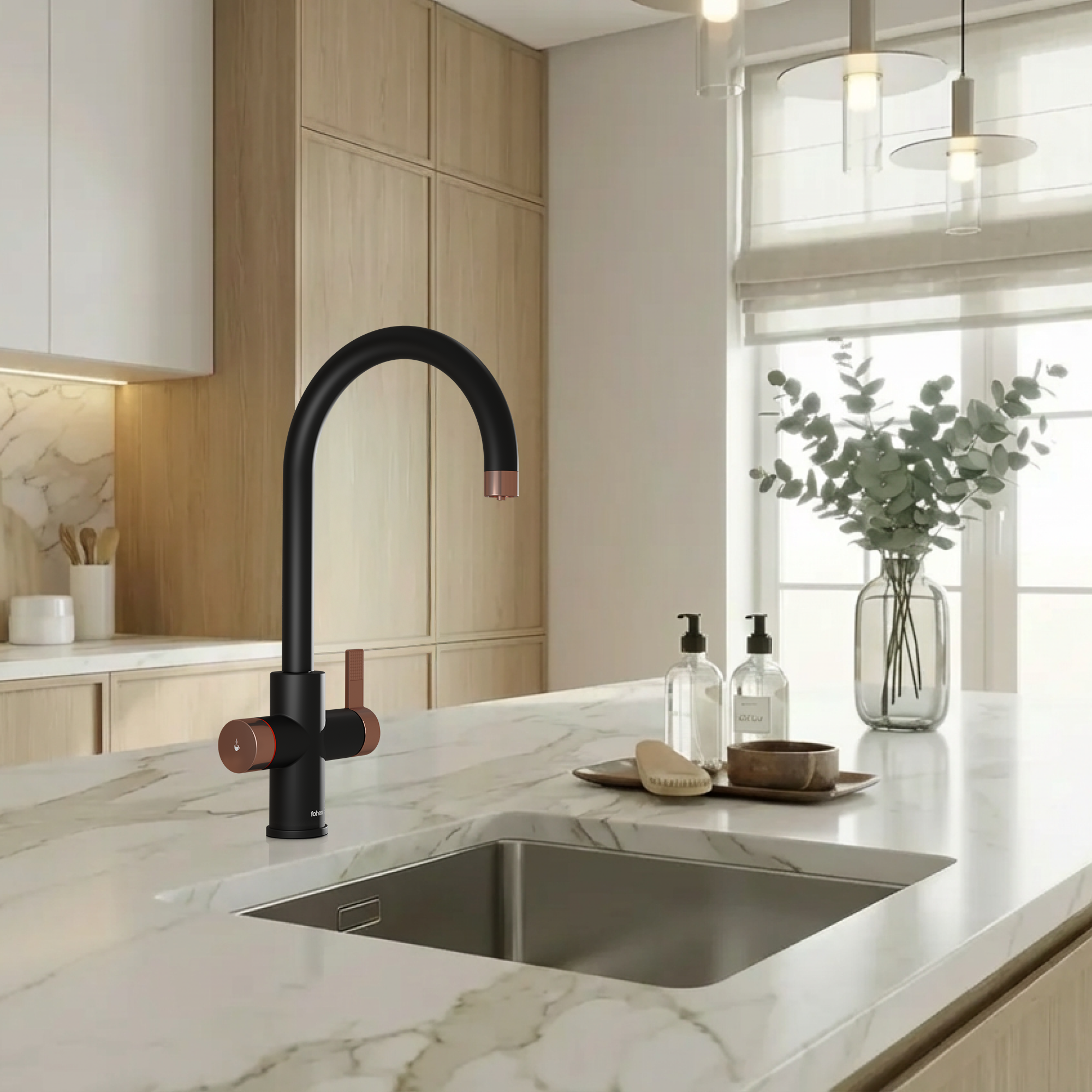 Image of Modern kitchen with black faucet and marble countertop