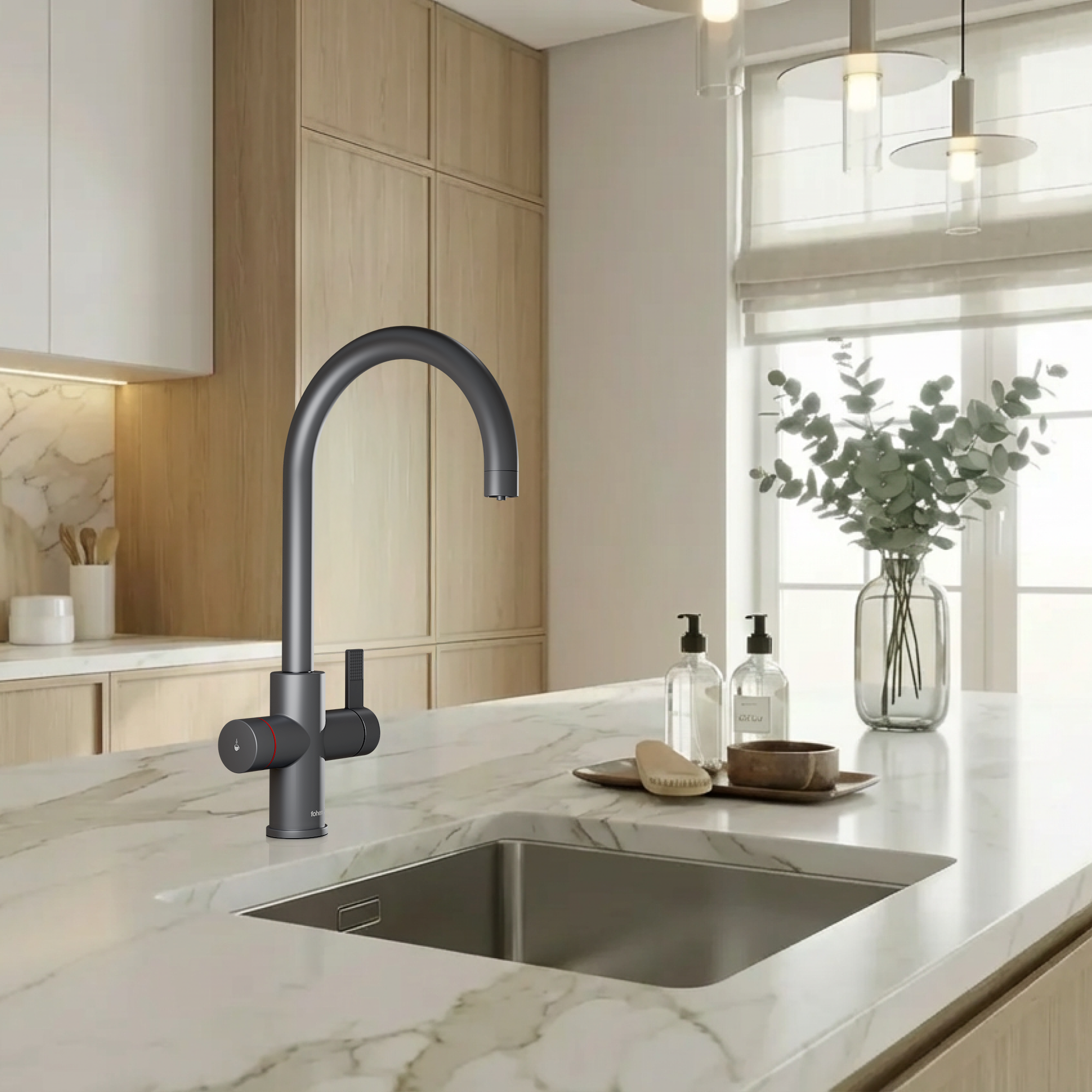 Image of Modern kitchen with a black faucet and marble countertop