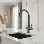 Modern kitchen with black faucet and sink on marble countertop