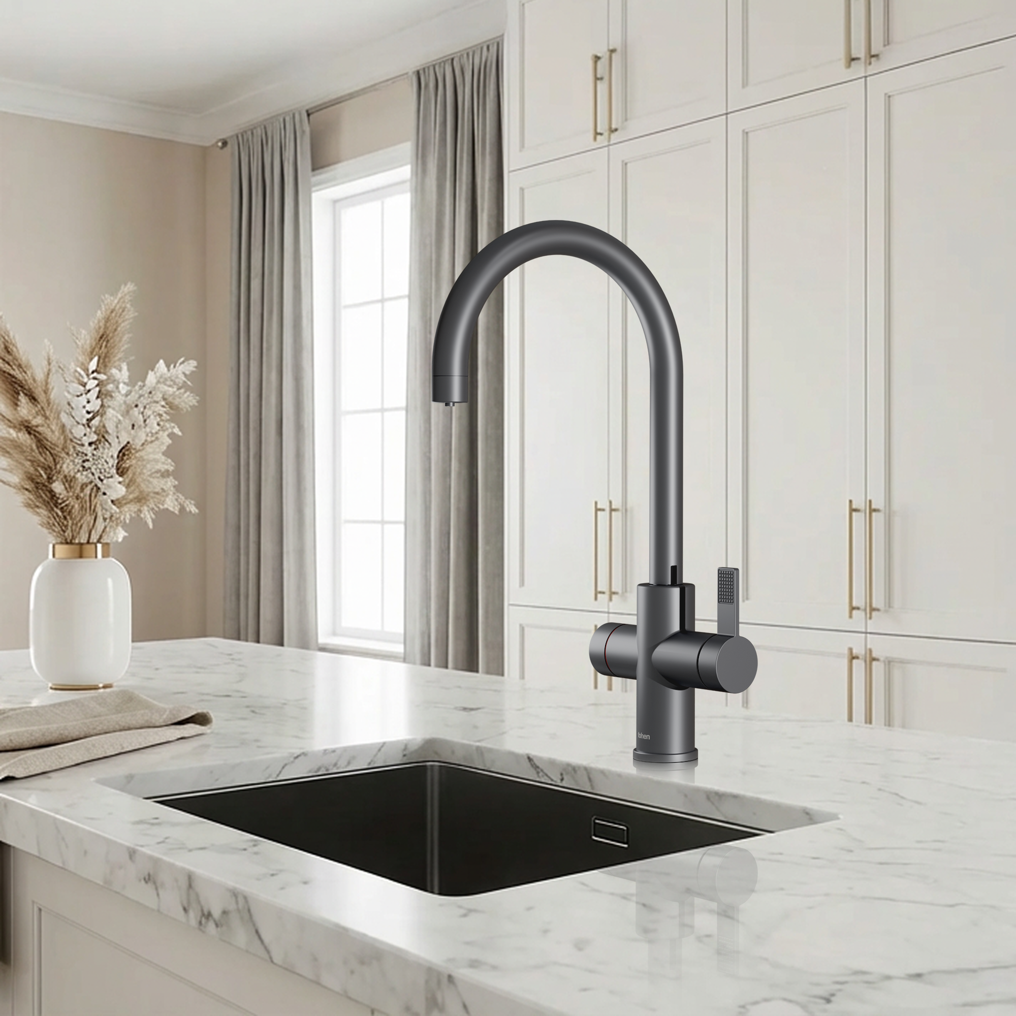 Modern kitchen with black faucet and sink on marble countertop