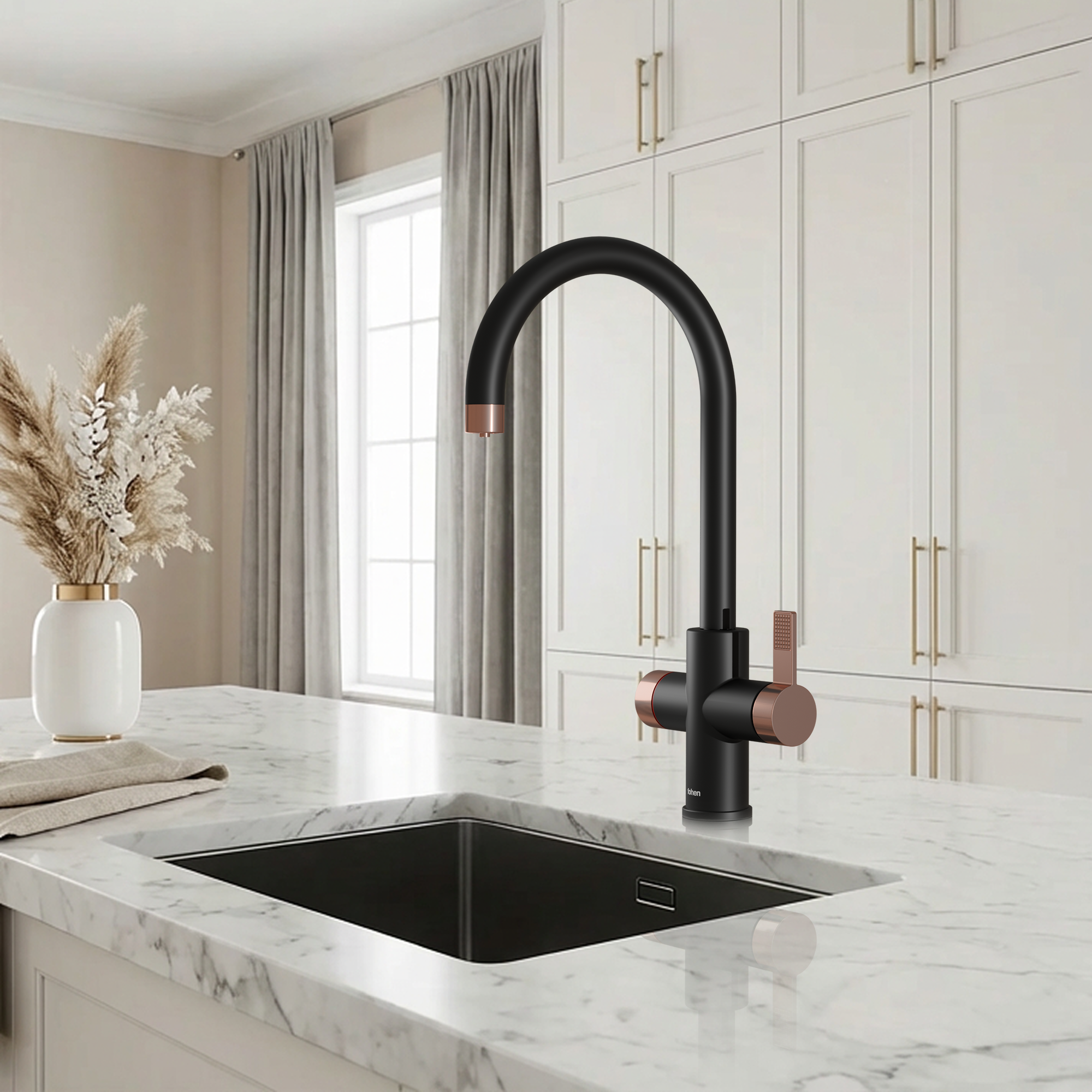 Image of Modern kitchen with black faucet and marble countertop