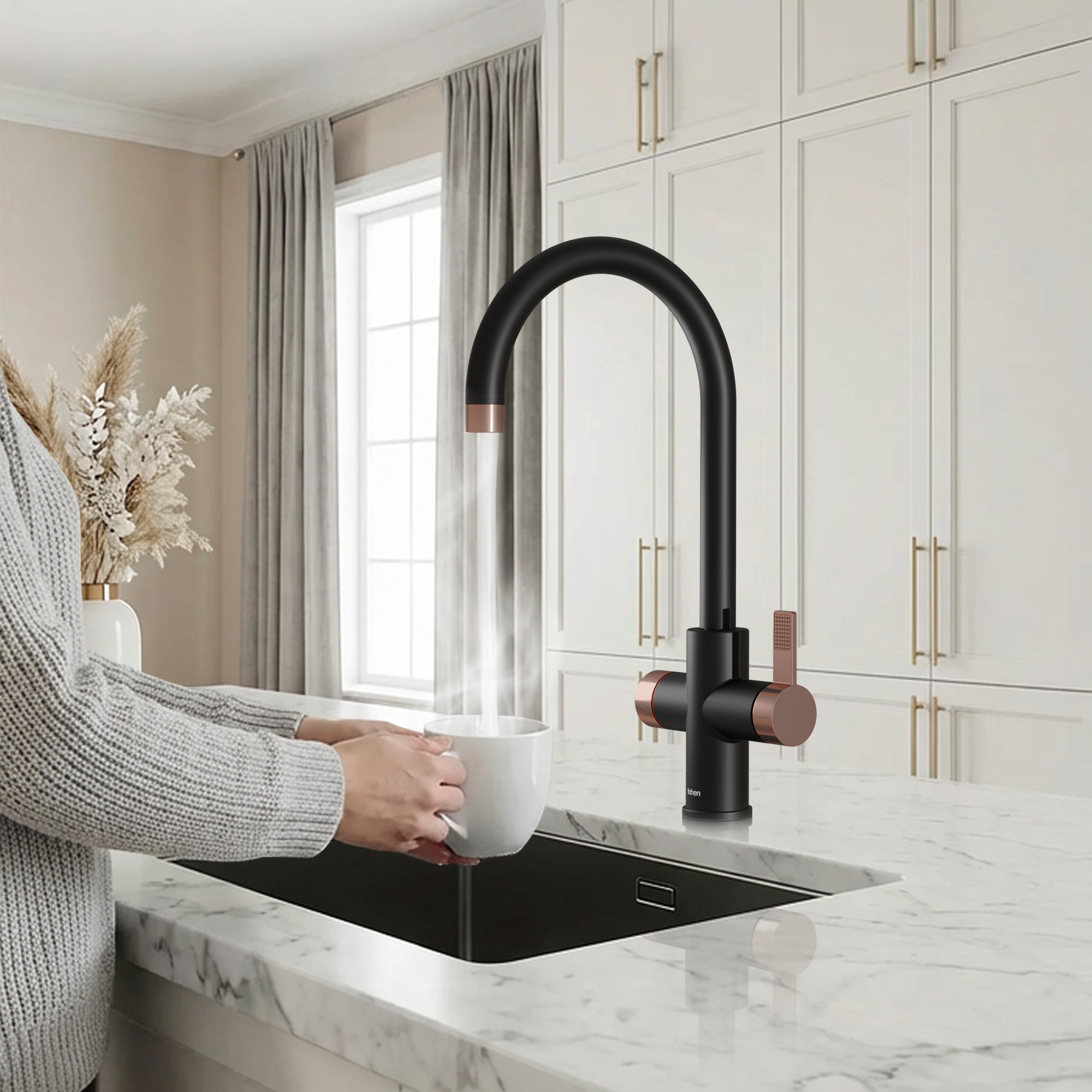 Image of Person washing a white mug under a modern black and copper kitchen faucet in a bright kitchen.