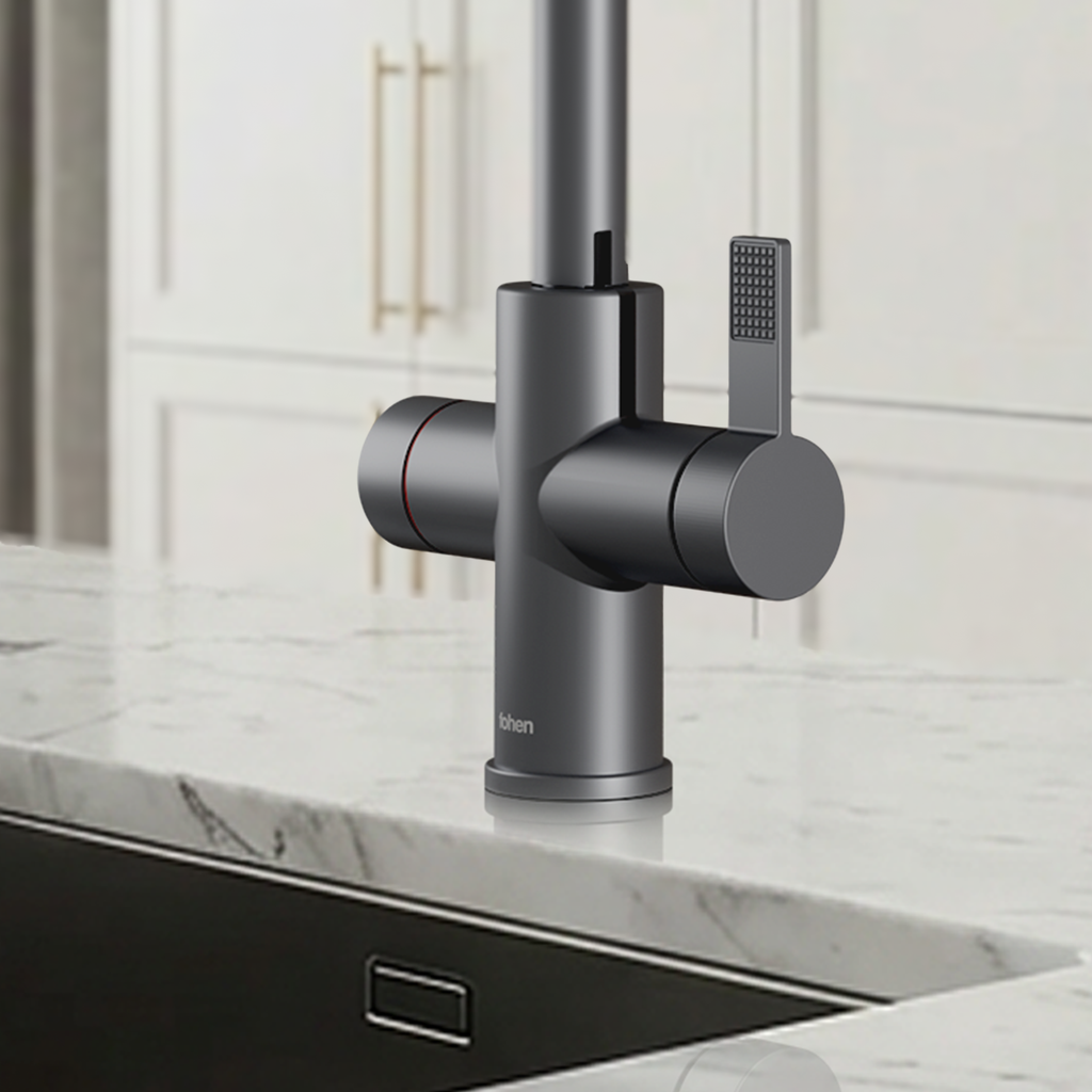 Modern kitchen faucet with a marble countertop and tiled wall.