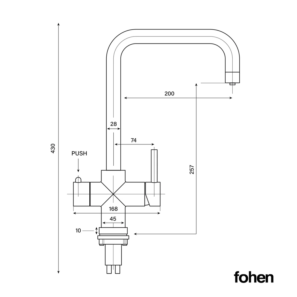 Technical dimension diagram of a Fohen kitchen faucet with measurement labels and arrows on a white background.