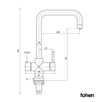 Technical dimension diagram of a Fohen kitchen faucet with measurement labels and arrows on a white background.
