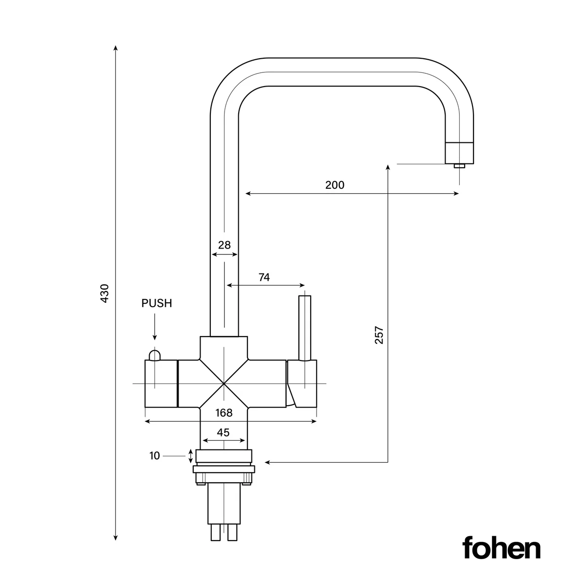 Technical dimension diagram of a Fohen kitchen faucet with measurement labels and arrows on a white background.