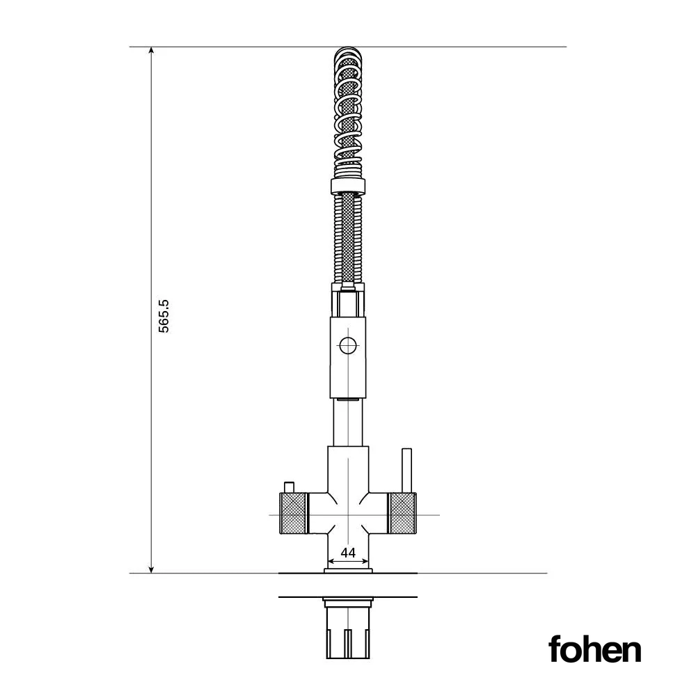 Technical dimension drawing of a Fohen kitchen faucet spout assembly, showing a side height of 565.5 and a center width of 44.