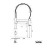 Technical dimension drawing of a Fohen flexible gooseneck faucet, showing measurements in millimeters